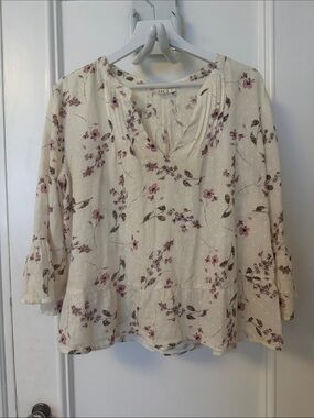 Women's Cream Floral Peasant Blouse - Soft Pink & Brown Print